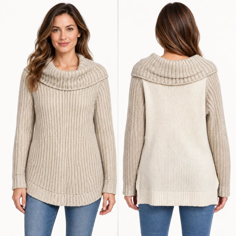 DKNY Jeans Cowl Neck Sweater Women’s L Cream Beige Mohair Cotton Colorblock Knit